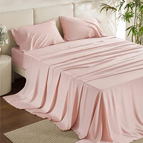 Bedsure Queen Sheet Set, Cooling Sheets for Queen Size Bed Set, Rayon Derived from Bamboo, Breathable & Soft Deep Pocket Up to 16 Inches, Hotel Luxury Silky Bedding, Bedsheet & Pillowcases, Pink
