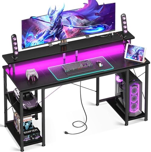 ODK 55 inch Gaming Desk with LED Lights & Power Outlets, Computer Desk with Monitor Stand & Storage Sheves, CPU Stand, Home Office Desk, Black