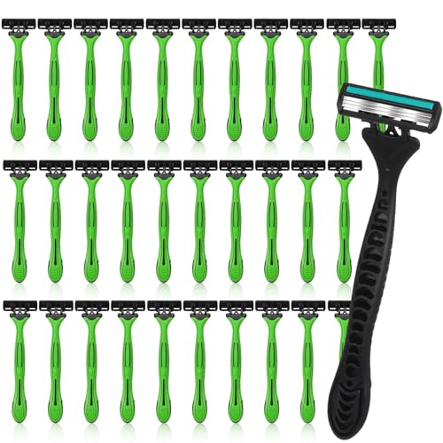 32 Pcs Men's Disposable Razor Bulk 3 Blade Shaving Razor for Sensitive Skin Comfortable Head Shave Back to School Gift