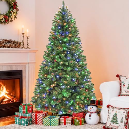 Hykolity 7.5 ft Prelit Christmas Tree, Holiday Decoration with 450 Color Changing LED Lights, 1450 PVC Branch Tips, Metal Stand and Hinged Branches, 10 Color Modes