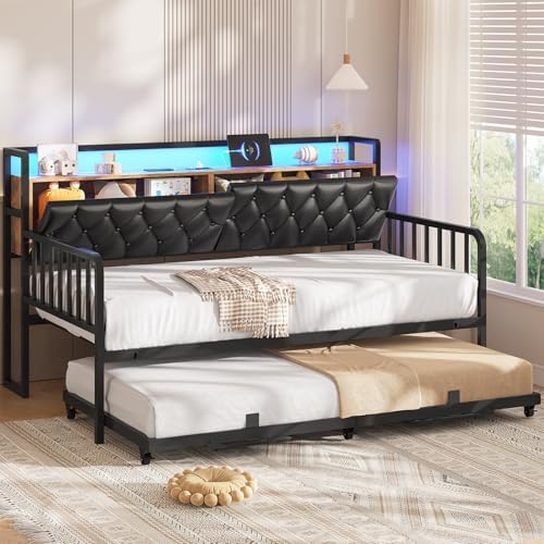 ADORNEVE Daybed with Trundle, Twin to King Daybed with Charging Station & LED Lights, Metal Trundle Bed Twin with Hidden Storage Headboard, Upholstered Sofa Day Bed for Living Room, Bedroom, Black