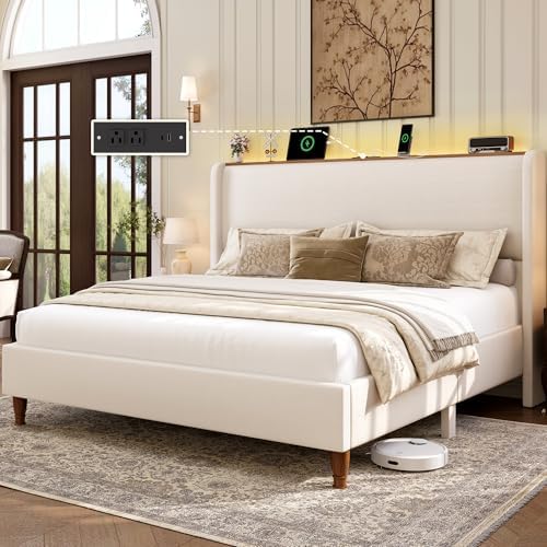 LARMACE Queen Size Bed Frame with LED Lights and Charging Station Linen Upholstered Platform Bed Frame with 51.2" Tall Headboard Wingback and Storage Shelf, No Box Spring Needed, Noise Free, Beige