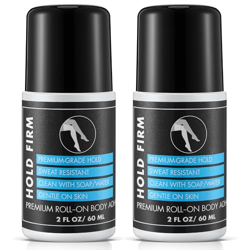 2 Pcs Roll On Body Glue for Dancers with Metal Tip Roller Ball, 2oz Sweat-Resistant Body Adhesive, Clear & Non Toxic Liquid Butt Adhesive for Compression Stockings, Wig Glue, Residue Free