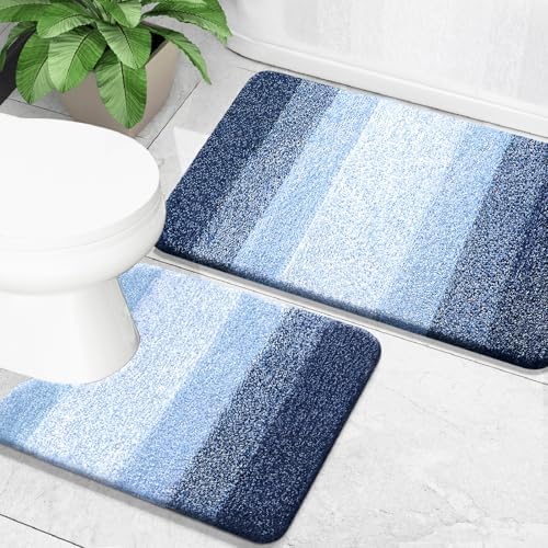 OLANLY Bathroom Rug Set 2 Piece, Soft Absorbent Microfiber Bath Mats and U-Shaped Contour Toilet Rug, Non-Slip, Machine Wash Dry, Plush Shaggy Bath Mats for Bathroom (24"x16"+24"x20", Navy)