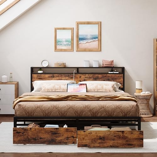 LIKIMIO California King Bed Frame with Storage Headboard, Platform Bed with Drawers and Charging Station, No Box Spring Needed, Easy Assembly, Vintage Brown