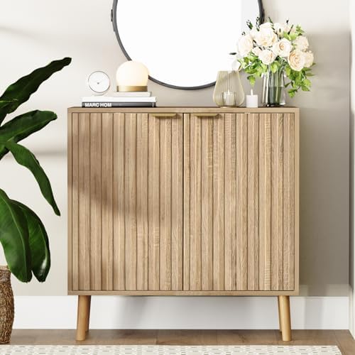 Fluted Storage Cabinet, Free Standing Buffet, Wood Sideboard, Multifunctional Accent Storage for Living Room, Hallway, Entryway, Dining Room (1, Oak)