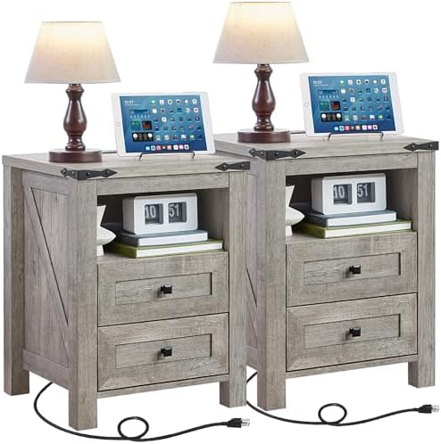 Nightstands Set of 2 with Charging Station, Farmhouse Night Stand with 2 Drawers and Shelf Storage, Wooden Side End Table, Bedside Cabinet for Bedroom, Living Room, Closet,Office (Grey)