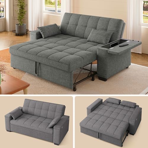 Gizoon 69.2" Futon Sofa Bed Queen Size, 3-In-1 Convertible Loveseat Sleeper with Pull Out Couch, Linen Fabric Futon Couch with Storage Armrest & Pockets, Adjustable Backrest for Living Room, Dark Grey