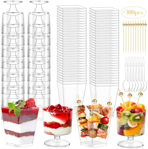 100Pcs Dessert Cups with Spoons&Cocktail Picks 5 Oz Mini Clear Plastic Parfait Shooter Cup Round Small Round Serving Goblet Disposable Appetizer Fruit Desert Bowl for Party Charcuterie Yogurt Pudding
