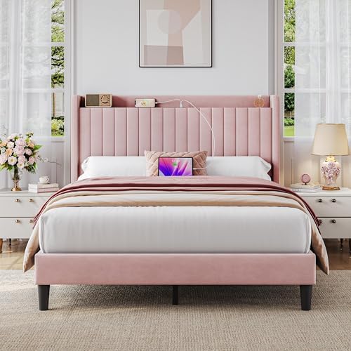 Yaheetech Queen Bed Frame with USB Charging Station and Storage Shelf/Upholstered Headboard Platform Bed with Wing Side/Wooden Slats Support/Noise Free/No Box Spring Needed/Easy Assembly, Pink