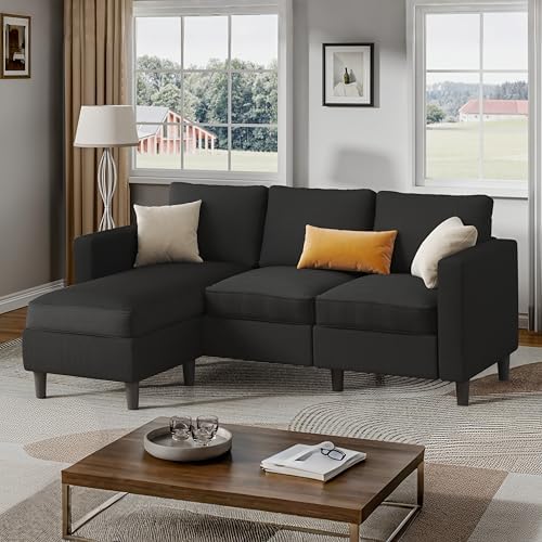 Shintenchi Small Sectional Sofa Couch, 3 Seat L Shaped Couches with Ottoman, Upholstered Corduroy Convertible Sofa, Small Couch for Apartments, Living Room and Office (Black)