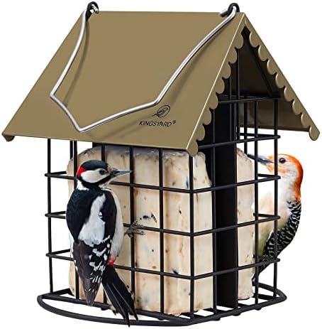 Kingsyard Double Suet Bird Feeder with Weatherproof Roof & Perch, All Metal, Suet Cakes Cage Bird Feeder for Outdoors Hanging, Easy to Clean & Refill, Brown
