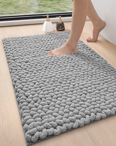 DEXI Bathroom Rugs 17x30, Non Slip Washable Bath Mat, Luxury Chenille Super Absorbent Thick Bathmats for Shower Floor, Plush Fluffy Shaggy Carpet for Tub, Light Grey