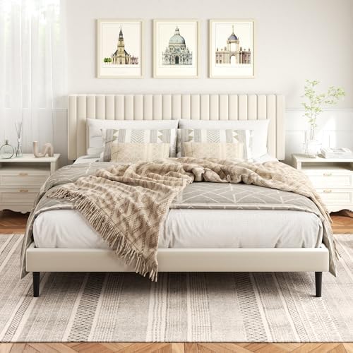 King Size Bed Frame,King Size Platform Bed Frame and Velvet Upholstered Headboard with Strong Wood Slats, Box Spring Optional, Mattress Foundation, Easy Assembly Beige