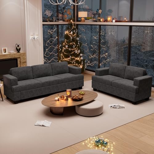YOUDENOVA 2 Piece Set Comfy Sofa Couch, 3 Seater & Loveseat Sofa with Deep Seats, Modern Sleeper Couch for Living Room, Dark Grey Chenille