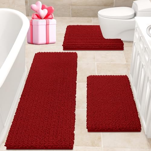 ACCUMTEK Upgrade Extra Large Red Bathroom Rug Set 3 Pieces Ultra Soft, Thick Absorbent Bath Mats, Non Slip Chenille Toilet Mat for Bathroom, Bedroom, Kitchen