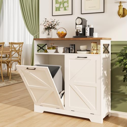 Double Tilt Out Trash Can Cabinet for 13*2 Gallon Garbage Can, Farmhouse Kitchen Garbage Trash Bin for Hidden Laundry Basket, Dual Dog Proof Recycling Cabinet for Bathroom, Living Room, White