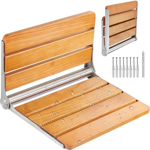 VEVOR Folding Oak Shower Seat, 16.1" x 13.4" Unfolded, Wall Mounted Fold Up Shower Bench with 440 lbs Load Capacity, Space Saving Home Care Fold Down Shower Chair, for Seniors Pregnant Women Children