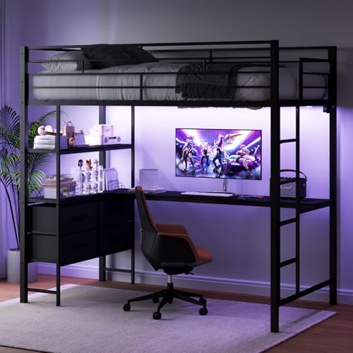 VINGLI Full Metal Loft Bed Frame with L-Shaped Desk, 15 Inches Guardrail, Non-Slip Ladder, 2 Charging Stations, Storage Shelves/4 Drawers/LED Lights, for Kids Teens Adults, No Box Spring Needed, Black