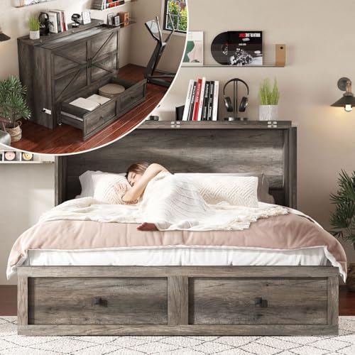 AMERLIFE Queen Murphy Bed with Storage & Charging Station, Farmhouse Murphy Cabinet with Foldable Panel, Noisy Free, for Living Room, Guest Bedroom, Office, Rustic Gray