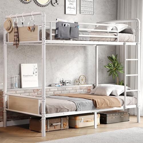 Metal Bunk Bed Twin Over Twin, Industrial Bunkbeds Heavy Duty Bed with Safety Guard Rails and Space-Saving Design, Steel Bed for School, Bedroom (White)