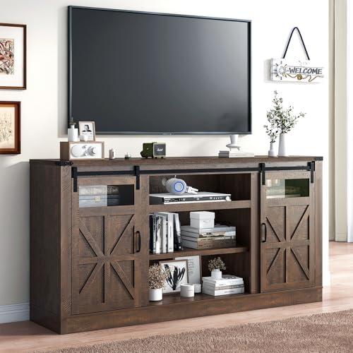 66" Farmhouse TV Stand with Power Outlets for 75 65 Inch TVs, Entertainment Center with Sliding Barn Door & Large Storage Cabinets w/Adjustable Shelf, 33" Tall TV Media Console, Brown