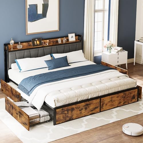 LIKIMIO California King Bed Frame with 4 Storage Drawers, Platform Bed with Charged Headboard, Sturdy and Stable, No Noise, No Box Spring Needed, Easy to Install, Vintage Brown and Gray