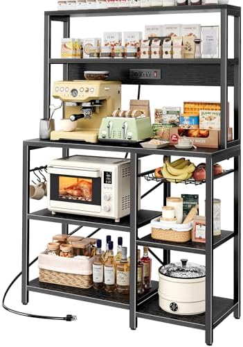 SUPERJARE Bakers Rack with Power Outlet, 35.4 Inches Coffee Bar with Wire Basket, Kitchen Microwave Stand with 6 S-Shaped Hooks, Open Storage Shelves, Black