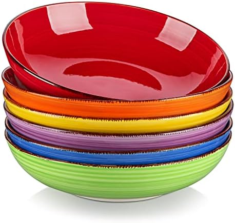 vancasso Bonita Pasta Bowls Set of 6, 38 oz Shallow Bowls, Ceramic Pasta Plates and Salad Bowls, Microwave & Dishwasher Safe Serving Bowls, Assorted Colors