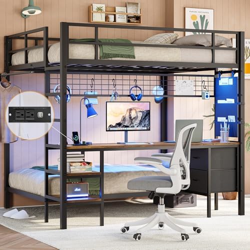 DICTAC Full Over Twin Bunk Bed with Desk and Charging Station Metal Full Size Over Twin Loft Bed with Led Lights & Storage Shelves and Drawers for Teen,Safety Guard & Stairs,No Box Spring Needed,Black