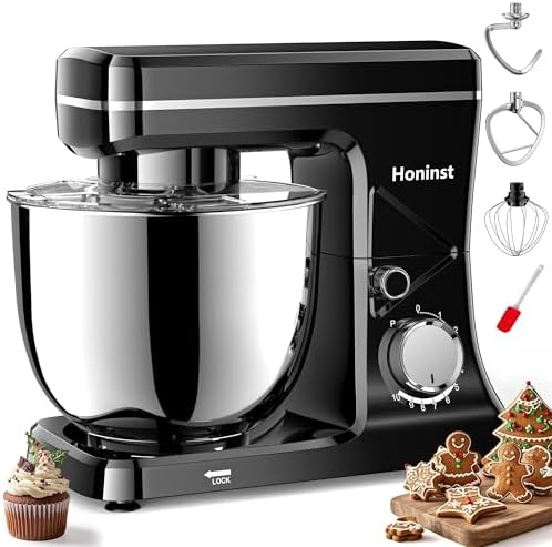 Stand Mixer, 10-Speed Kitchen Electric Mixer, 6QT Food Mixer with 8-in-1 Splash Guard, Dishwasher-Safe Dough Hook/Whisk/Beater/Spatula, Dough Mixers for Baking, Black