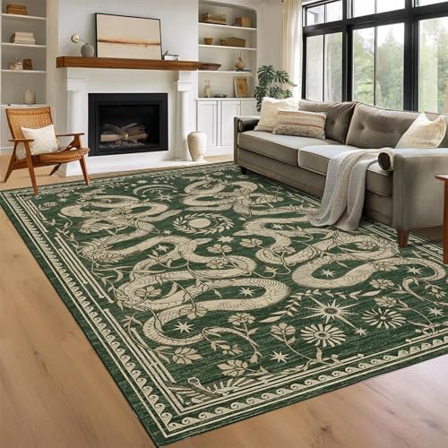 Snake 8x10 Area Rugs for Living Room Washable Non Slip Forest Soft Low-Pile Stain Resistant Thin Large Throw Carpet for Bedroom Dining Room Office Green