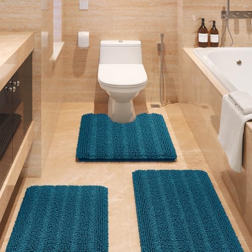 ACCUMTEK Striped Atlantic Blue Bathroom Rug Set 3 Pieces Ultra Soft, Non Slip Chenille Toilet Mat, Absorbent Plush Shaggy Bath Mats for Bathroom, Bedroom, Kitchen