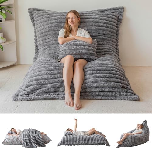MAXYOYO Giant Bean Bag Chair with Pillow, 3 in 1 Convertible Bean Bag Chair for Adults with Removable Cover, Floor Cushion Stuffed Floor Lounger for Living Room Bedroom, Grey