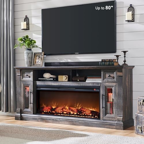 OKD Farmhouse Fireplace TV Stand for 80 Inch TV, Entertainment Center with 42" Fireplace & LED Lights, Modern Media Console Table with Storage Drawers & Cabinets for Living Room, Dark Rustic Oak
