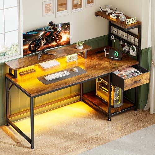 EnHomee 48" Computer Desk with Drawer & Storage Shelves, Home Office Desk with Monitor Stand, Gaming Desk with LED Lights & Power Outlets for Living Room, Study Room, Gaming Room, Rustic Brown