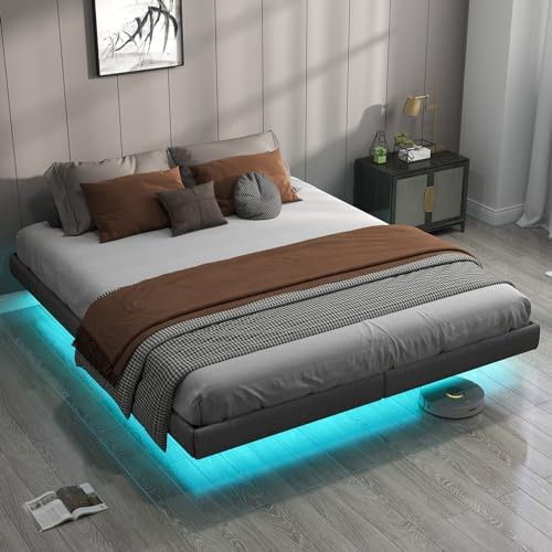Floating Bed Frame King with LED Lights, Metal Platform King size Floating Bed Frame with Under Bed Storage, Heavy Duty Steel Slats Support, No Box Spring Needed, Noise Free, Easy Assembly, Grey