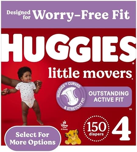 Huggies Size 4 Diapers, Little Movers Baby Diapers, Size 4 (22-37 lbs), 150 Count, Packaging May Vary