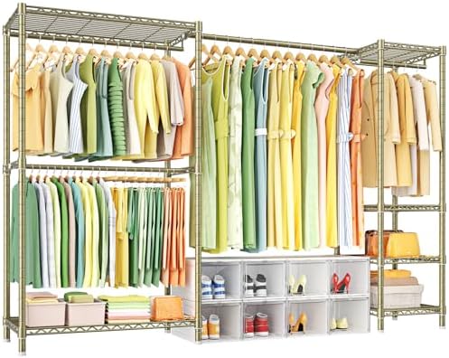 Ulif E10 Clothes Rack(With Stretchable Hanger Rod)Freestanding Clothing Racks for Hanging Clothes,Adjustable Closet Organizer System,Portable Garment Rack 73-97"W x 15" D x 72" H,Max Load 800LBS,Gold
