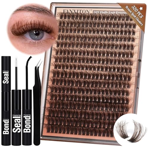 Brown Lash Clusters 320 Pcs Lash Extension Kit Fluffy DIY Eyelash Extensions Kit Natural Look Cluster Lashes D Curl 8-16 MM Mixed Lash Bond and Seal Lash Tweezers for Lash Clusters Kit DIY at Home