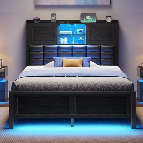 Rolanstar Bed Frame Twin Size with Charging Station, Bookcase Headboard Bed with LED Light and Sliding Doors, Platform Bed with Wooden Slats, No Box Spring Needed, Noise Free, Black