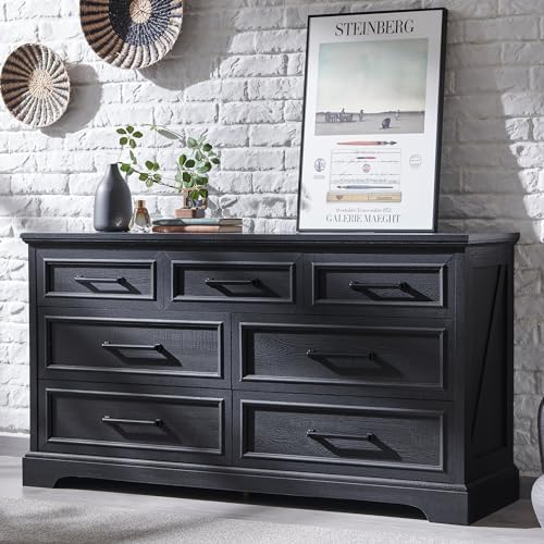 ACCOHOHO 7 Drawer Dresser, Farmhouse Chest of Drawers for Bedroom, 52" Wide Dresser TV Stand with Large Metal Handles, Wood Drawer Organizer for Living Room, Hallway - Black