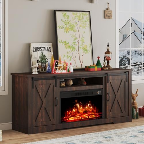 AMERLIFE Fireplace TV Stand with Sliding Barn Door for TVs up to 73", Farmhouse 63" Fireplace Entertainment Center with Storage Cabinets/Adjustable Shelves, Reclaimed Barnwood