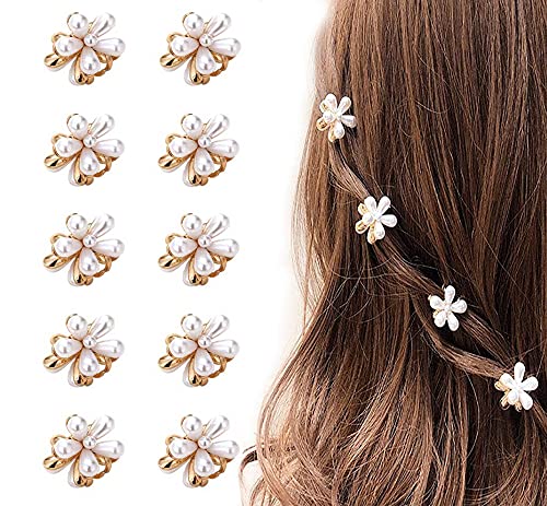 10 Pcs Small Mini Pearl Claw Clips with Flower Design, Sweet Artificial Bangs Clips Decorative Hair Accessories for Women Girls