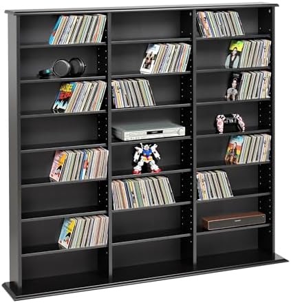 Prepac 3 Column Tall Media Storage Cabinet, Black Storage Cabinet, Display Cabinet, Multimedia Storage Organizer for CDs, DVDs, Blu-rays with 21 Adjustable Shelves 8.75" D x 56" W x 51" H