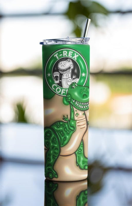 Coffee Print Insulated Tumbler with Lid and Straw, Reusable Travel Tumbler for Water, Smoothies, and Tea. 20oz Iced Coffee Cup with Lid & Stainless Steel Straw. (T-Rex)