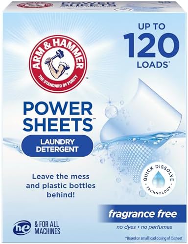 ARM & HAMMER Power Sheets Laundry Detergent, Fragrance Free 60ct, up to 120 small loads