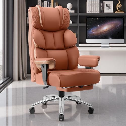 Office Desk Chair, Big and Tall Leather Gaming Chair with Footrest, Wide Ergonomic Comfy Executive High-Back Reclining Computer Chairs, Swivel Rolling Wheels and Padded Lumbar Support, Brown