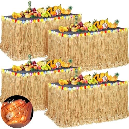 Aneco 4 Pieces 9 Ft x 30 Inches Luau Grass Table Skirts with LED String Light Hawaiian Table Skirt Lighted Grass Skirt Table Fringe for Tropical, Hawaiian Themed, Birthday Party (Natural)