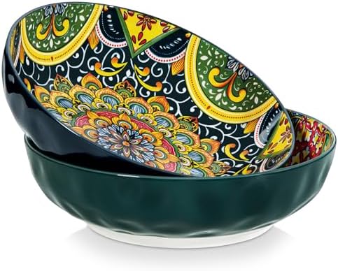 vancasso Large Serving Bowls, 78 Oz Extra Large Salad Bowls Set of 2, Bohemian Decorative Bowls for Salad, Fruit, Pasta and Dinner, Serving Dishes Set for Party, Dishwasher & Microwave Safe-Green